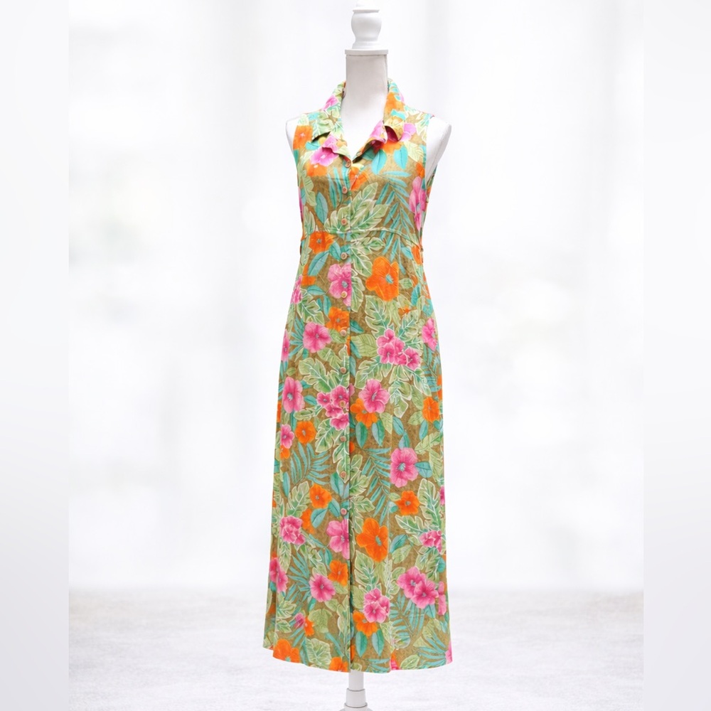 Bahama Beach Size M Tropical Floral Rayon Button Front Maxi Dress Fairycore